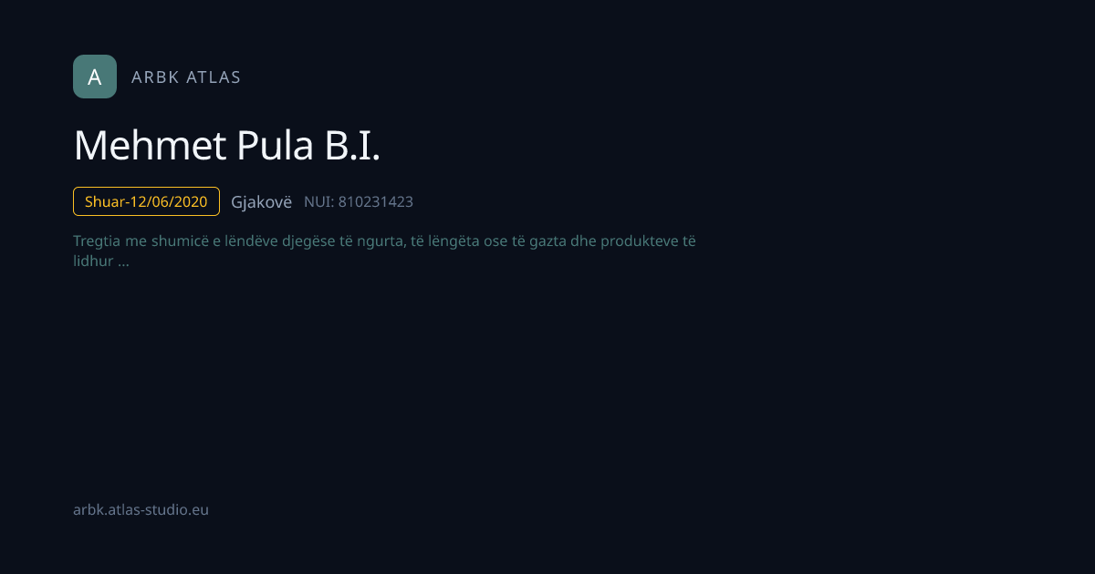 Mehmet Pula B.I. | NUI 810231423 | Kosovo Business | ARBK Atlas